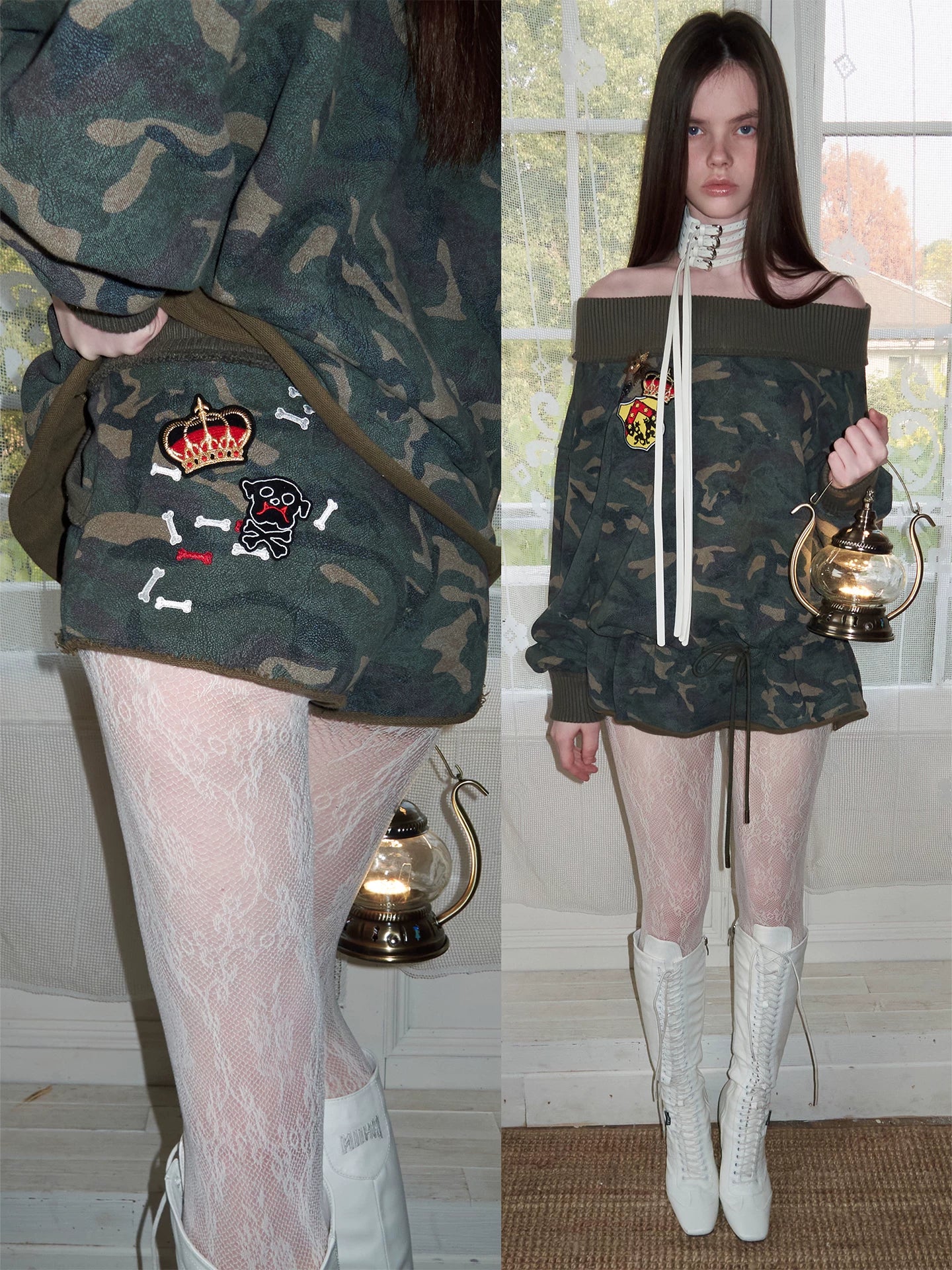 Camo Contrast Bone Embroidery Cotton Sweat Shorts