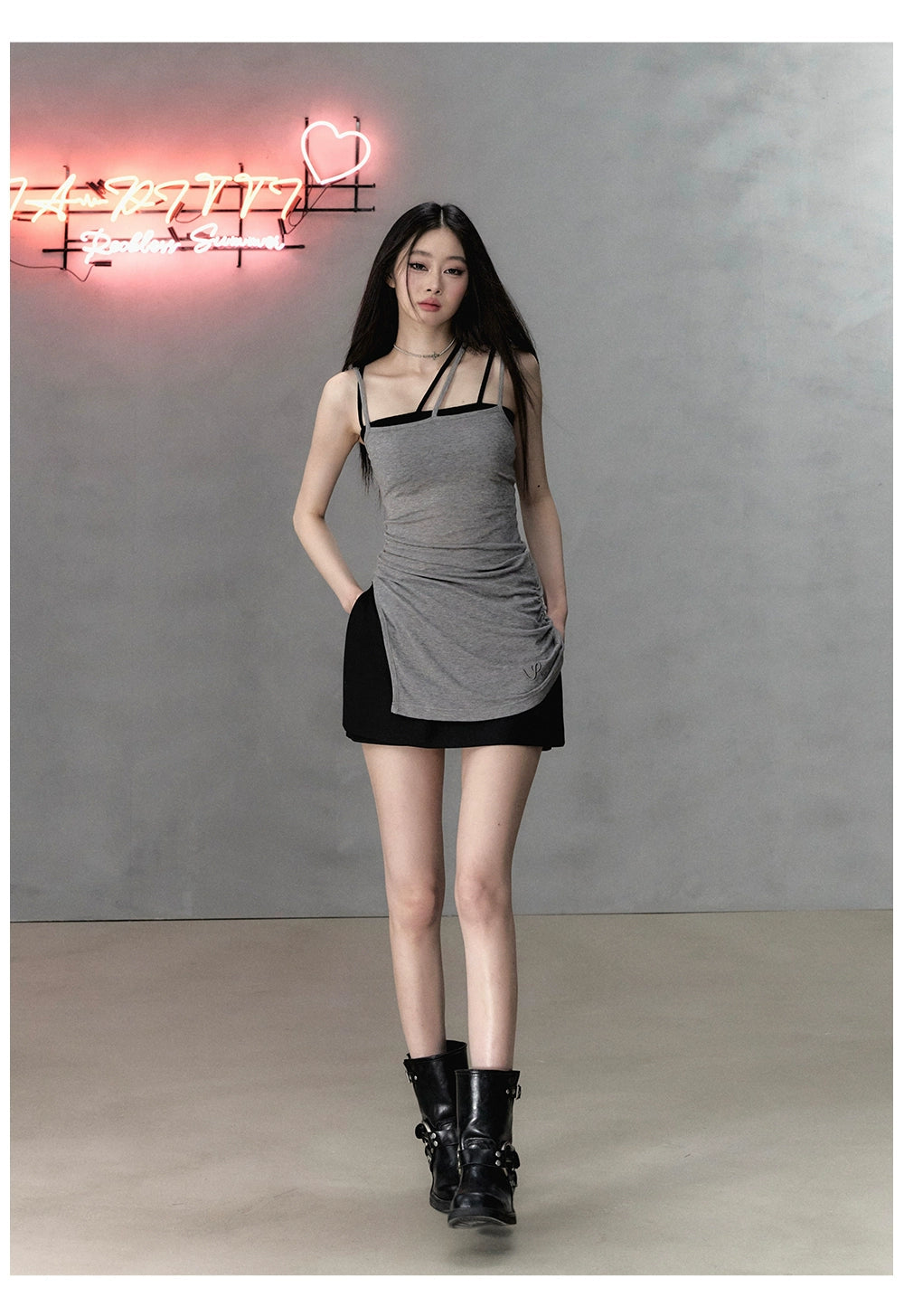 Gray & Black Wool Blend Camisole Dress - CHINASQUAD