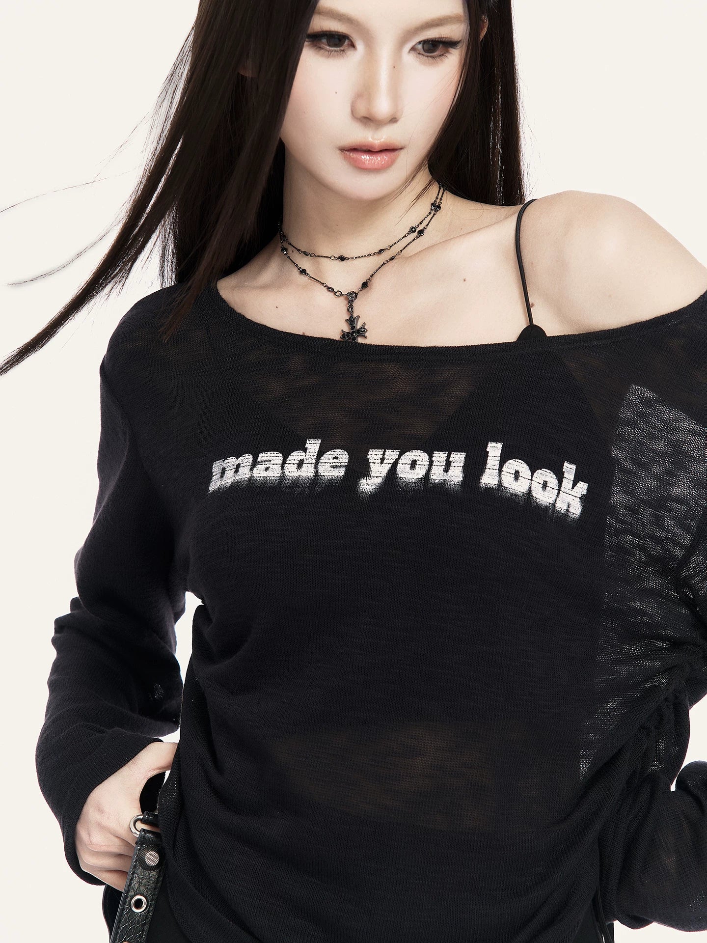 Diary Sheer Asymmetric Off-Shoulder T-Shirt