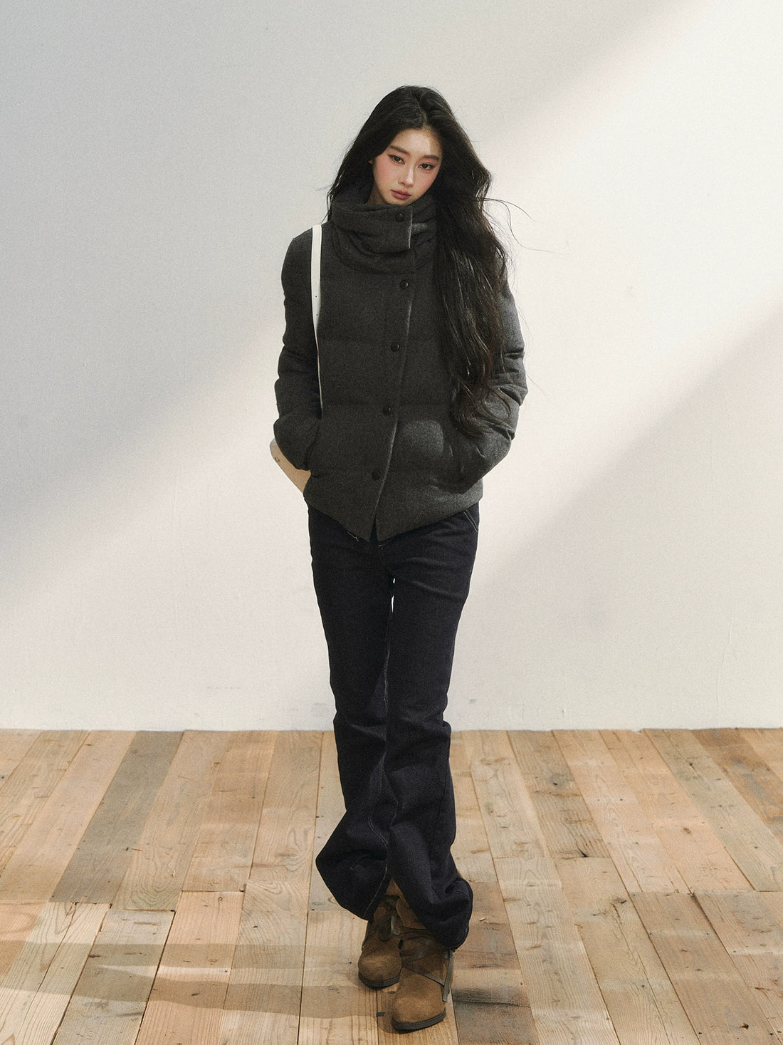 Gray Wool-Blend Quilted Short Puffer Jacket