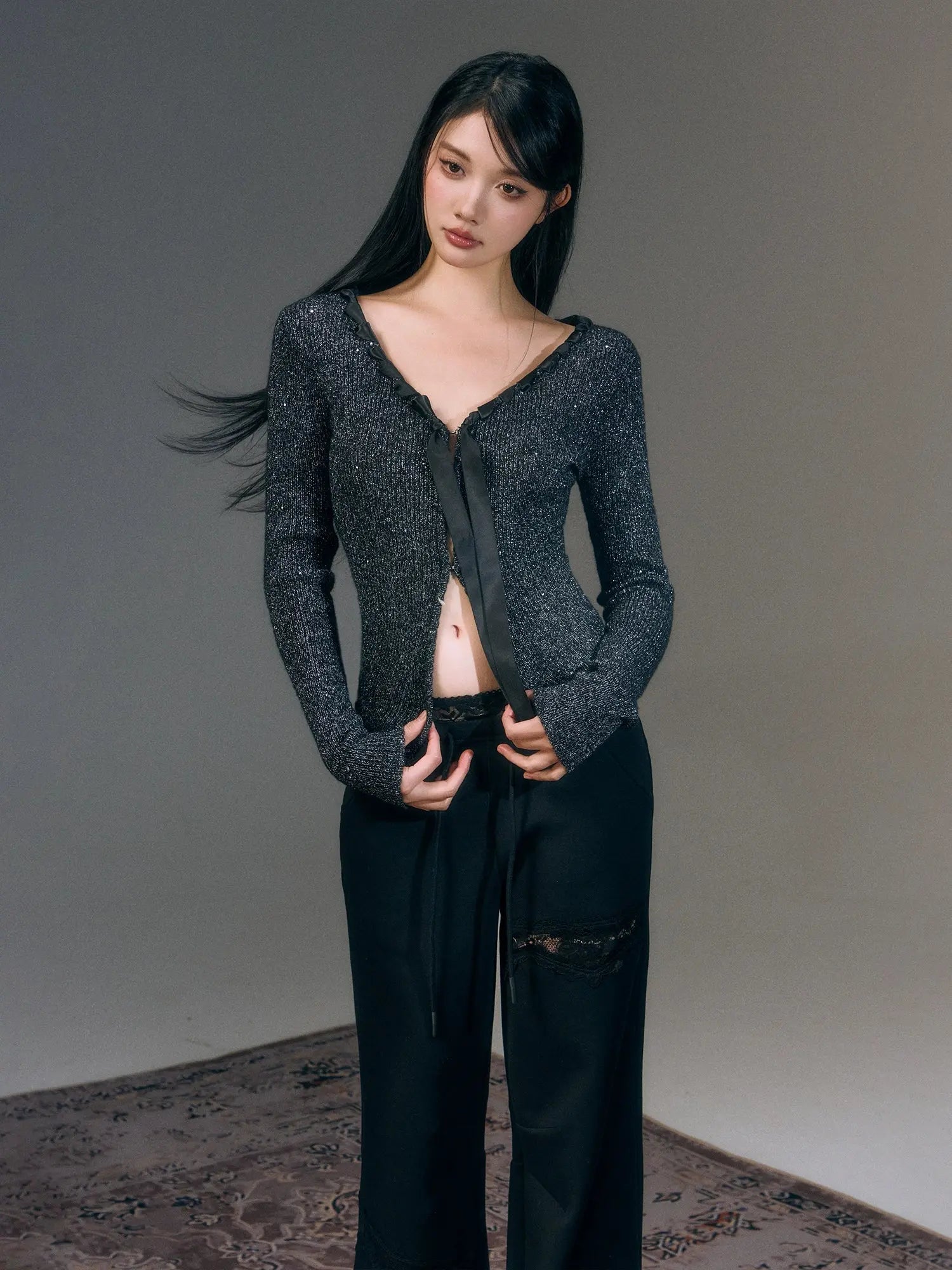 Black & Gray Ribbon Front Shimmer Wool V-neck Cardigan - CHINASQUAD