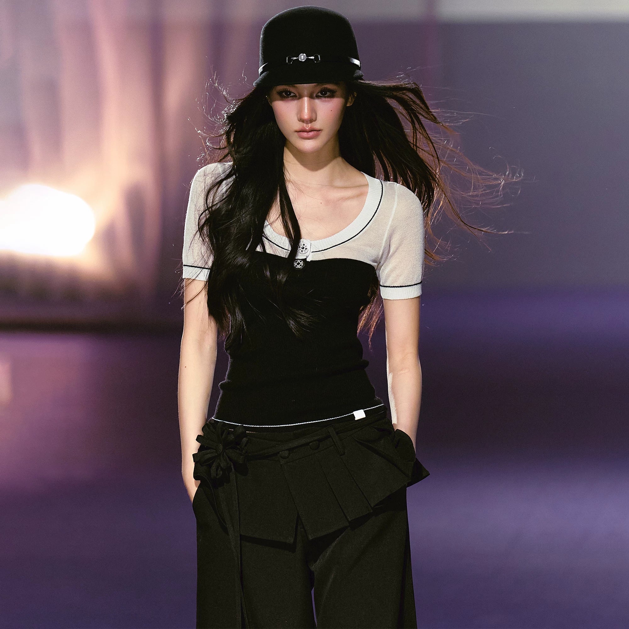 Semi-sheer Sparkly Color-block Short-sleeve Top