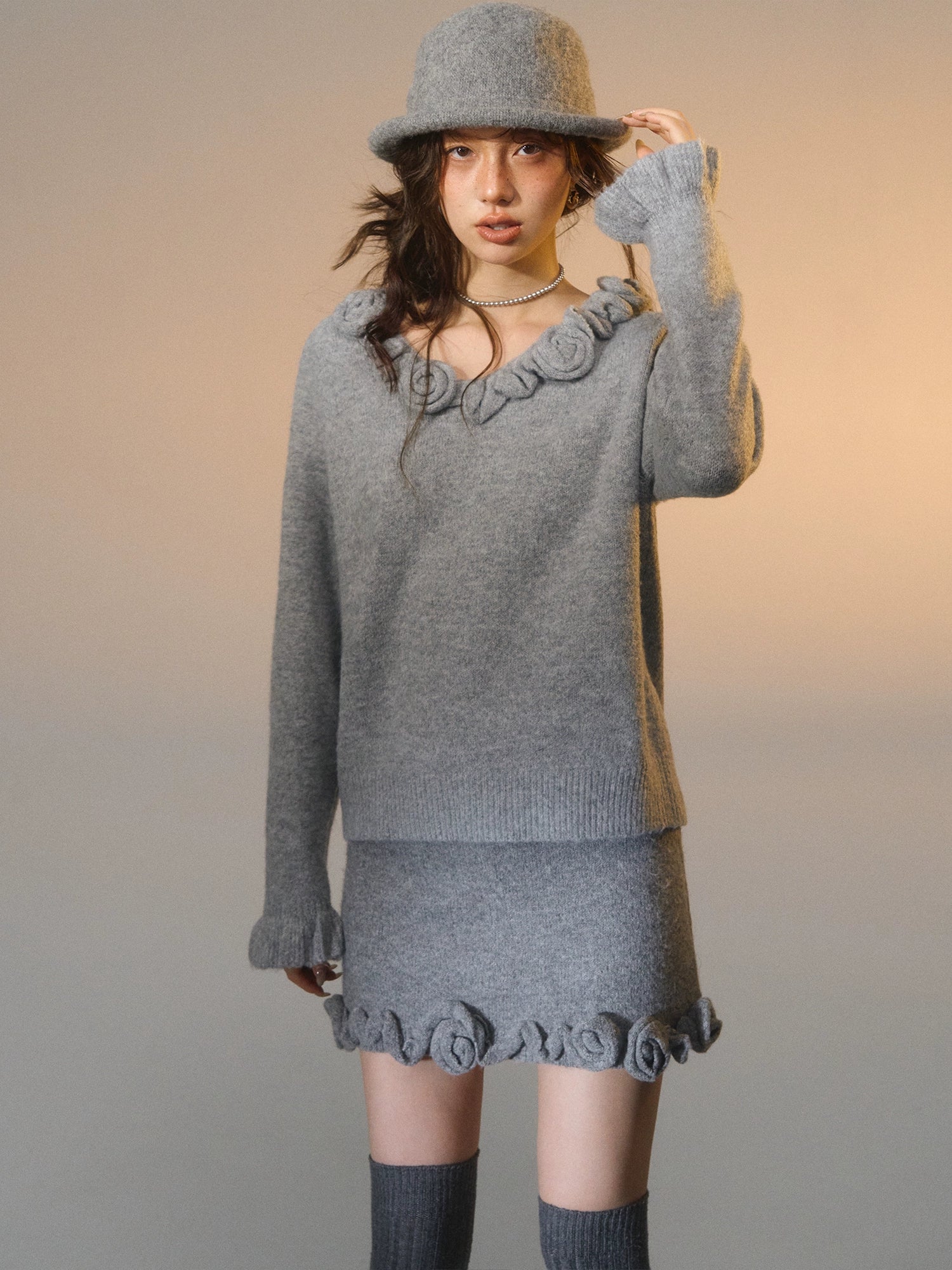 3D Rose V-Neck Knit Sweater & A-Line Knit Skirt Set