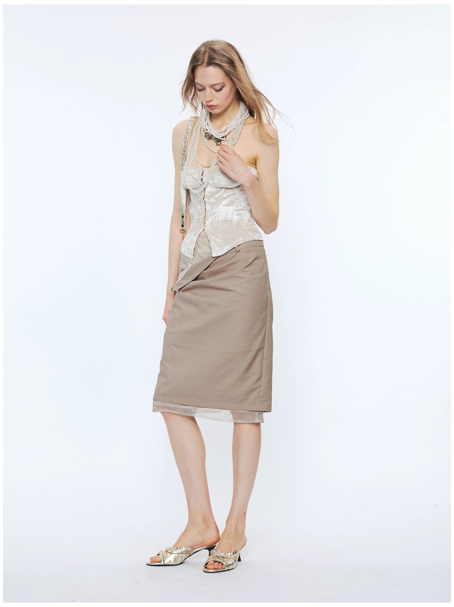 Deconstructed Check Patchwork Straight Midi Skirt