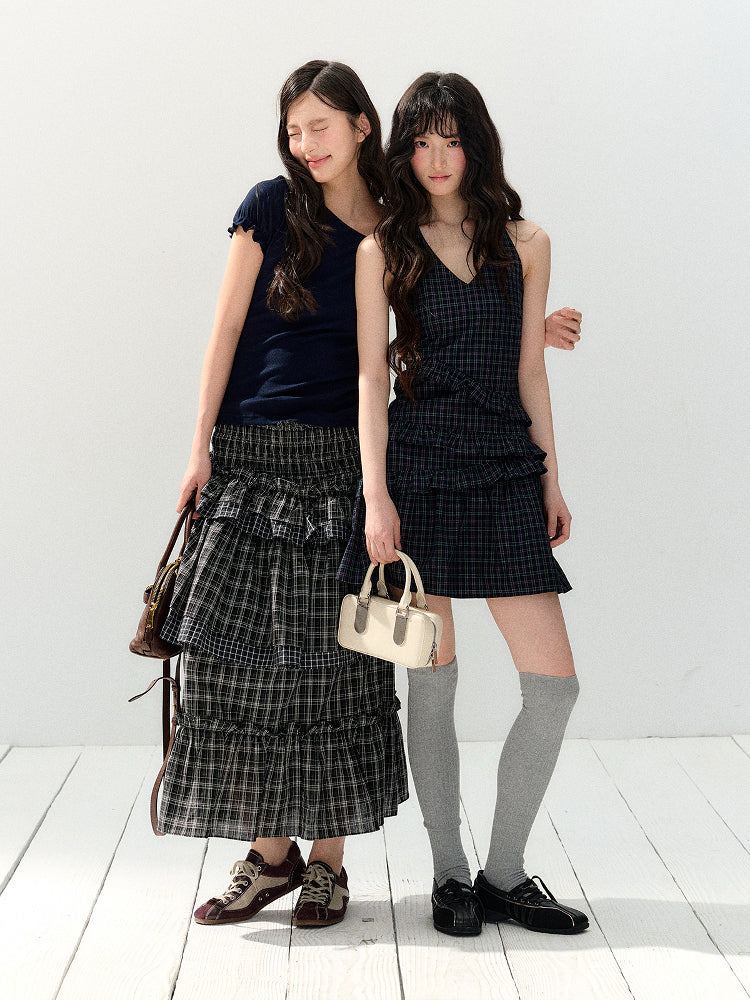 Waist-Cinching Sleeveless Plaid Dress - CHINASQUAD