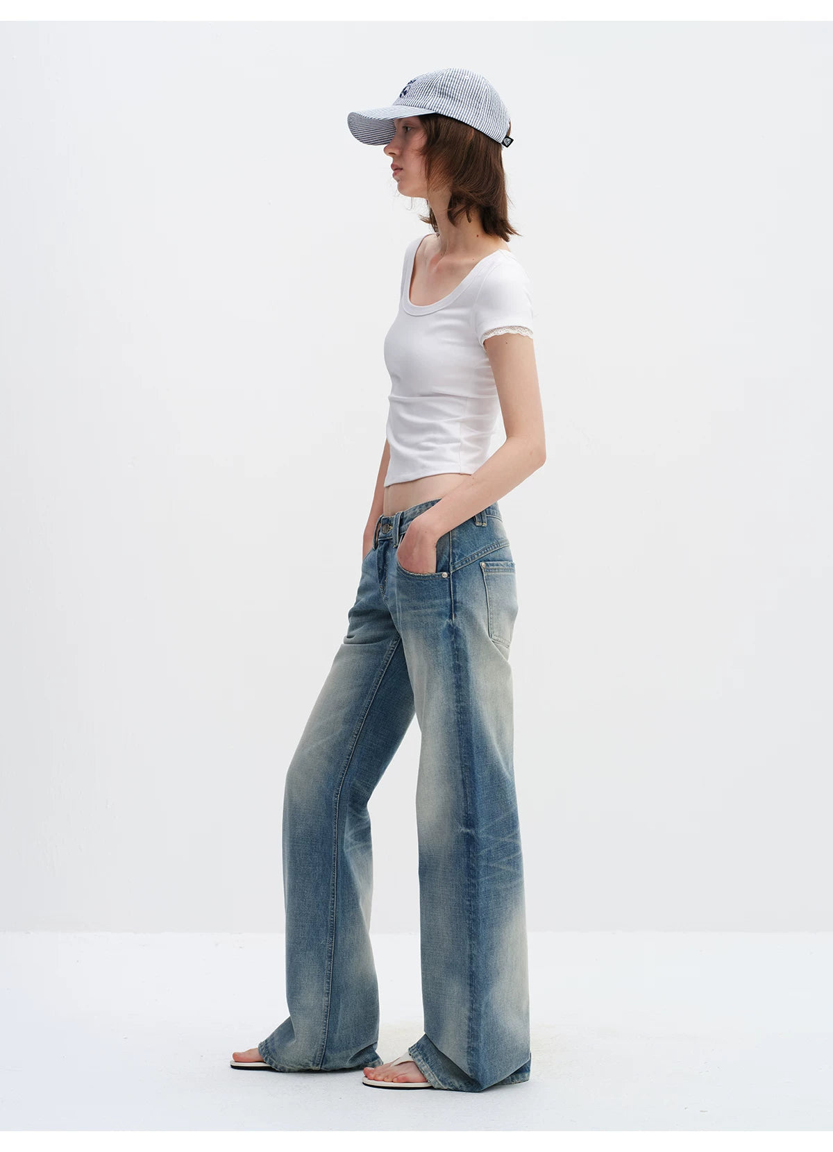 Lace Trim Scoop Neck Fitted Cotton T-Shirt