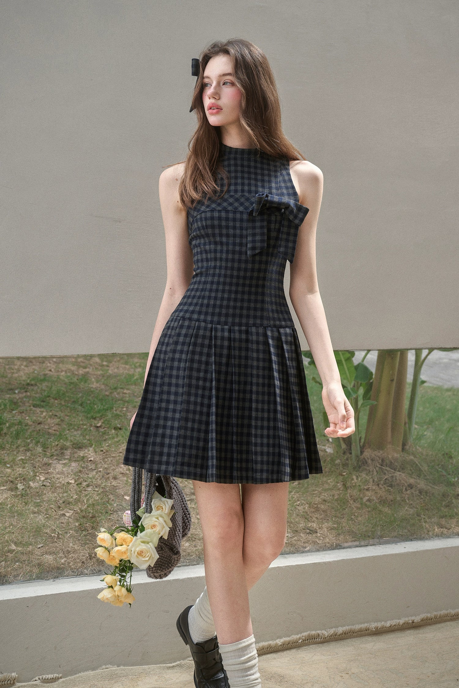 Bow Halter Checked Pleated Dress - CHINASQUAD