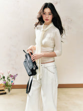 White Tie-Collar Knit Top Pullover Base - CHINASQUAD