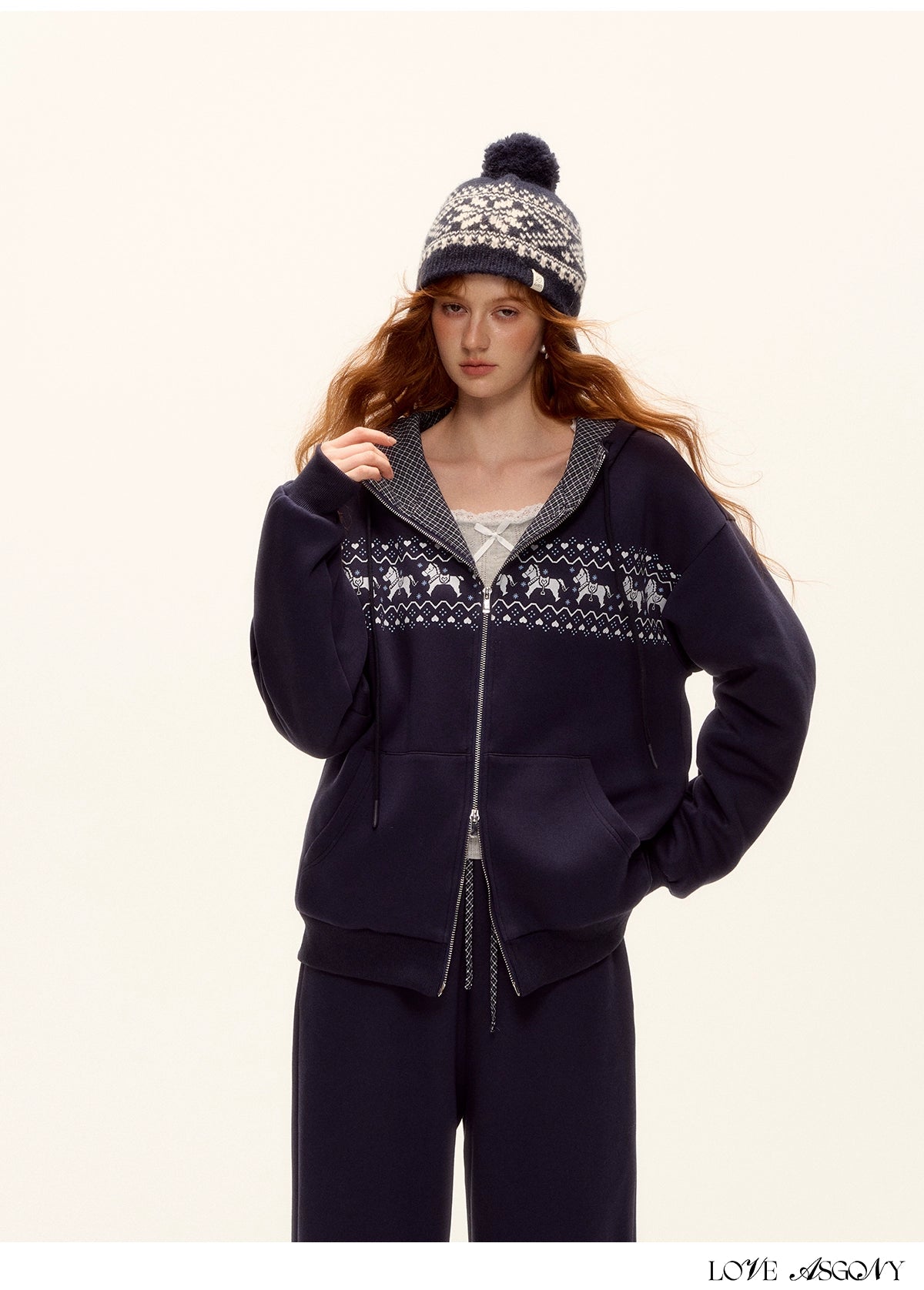 Zip-up Plaid Hoodie & Wide-Leg Pants Set