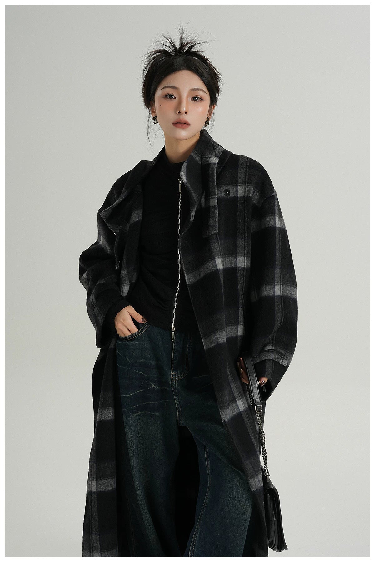 Plaid Stand-Collar Double-Faced Wool Coat