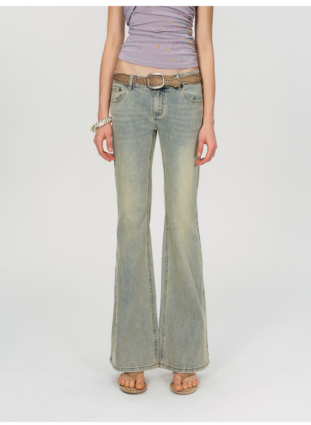 Vintage Washed Low-Rise Flared Denim Jeans