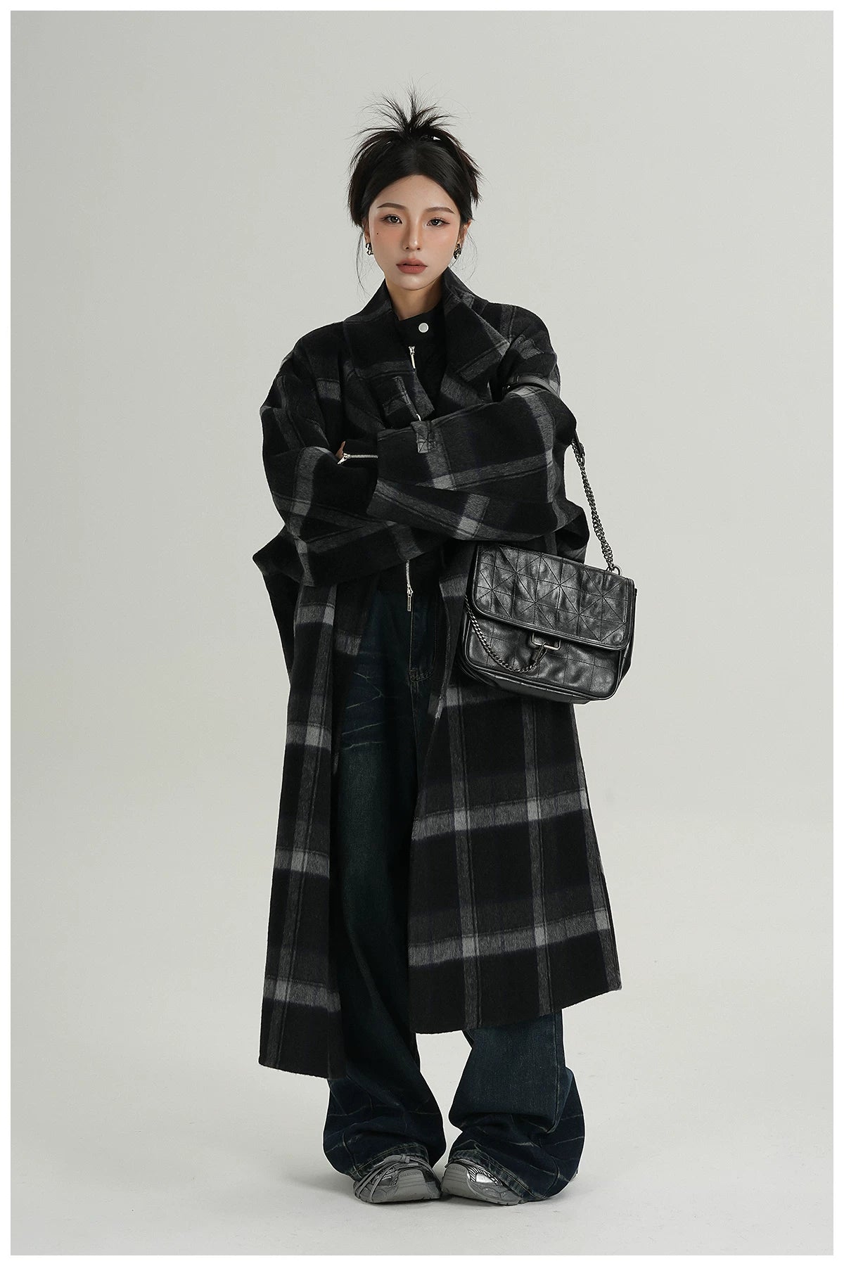 Plaid Stand-Collar Double-Faced Wool Coat
