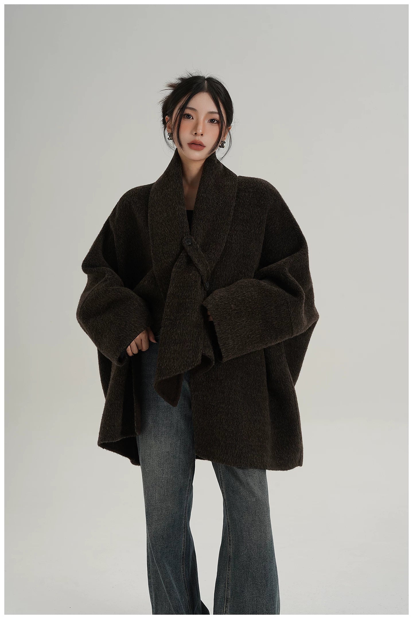 Scarf-Detail Mid-Length Wool Jacket