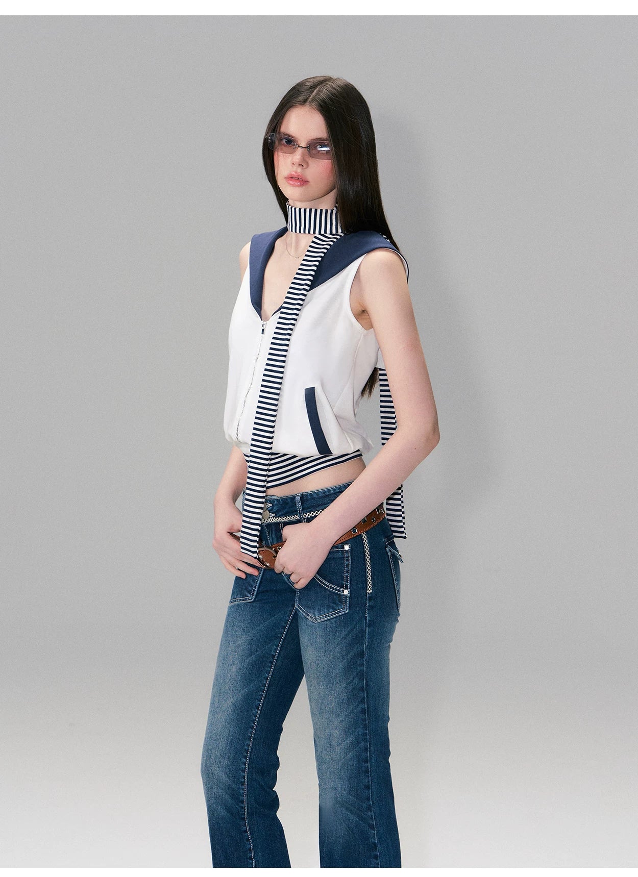 Color-Block Nautical Sailor Collar Sleeveless Top