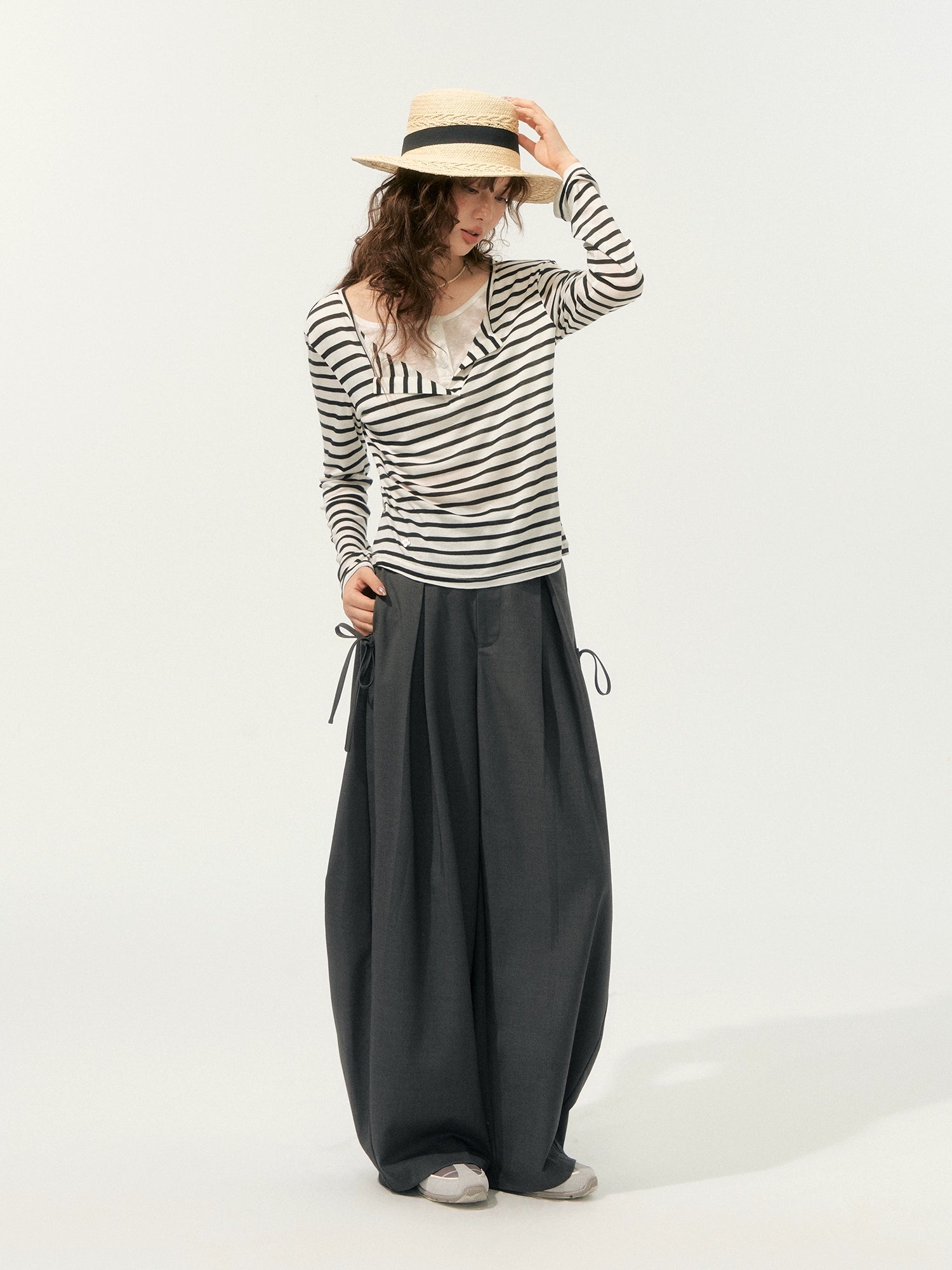 Fake Two-Piece Striped V-Neck Blouse - CHINASQUAD