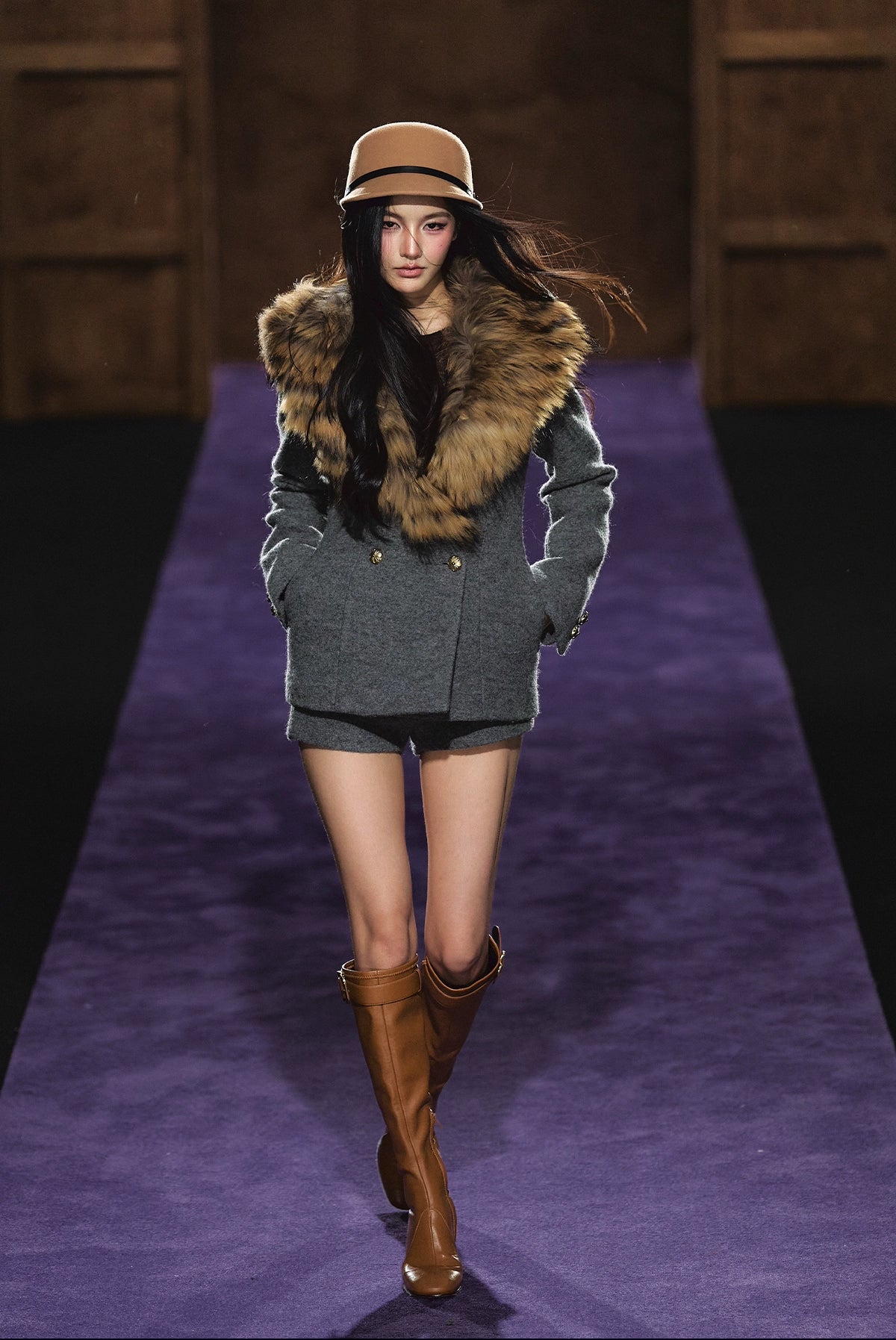 Detachable Fur Collar Wool Tailored Blazer & Shorts Set