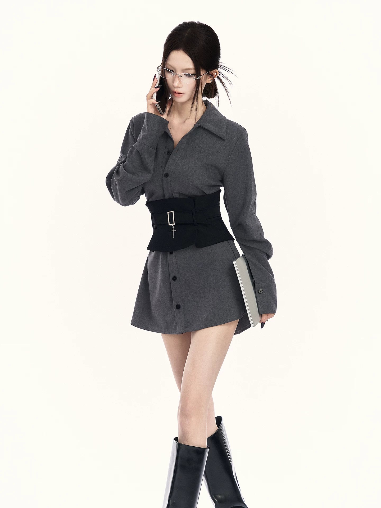 Corset-Waist Shirt Two-Piece Set