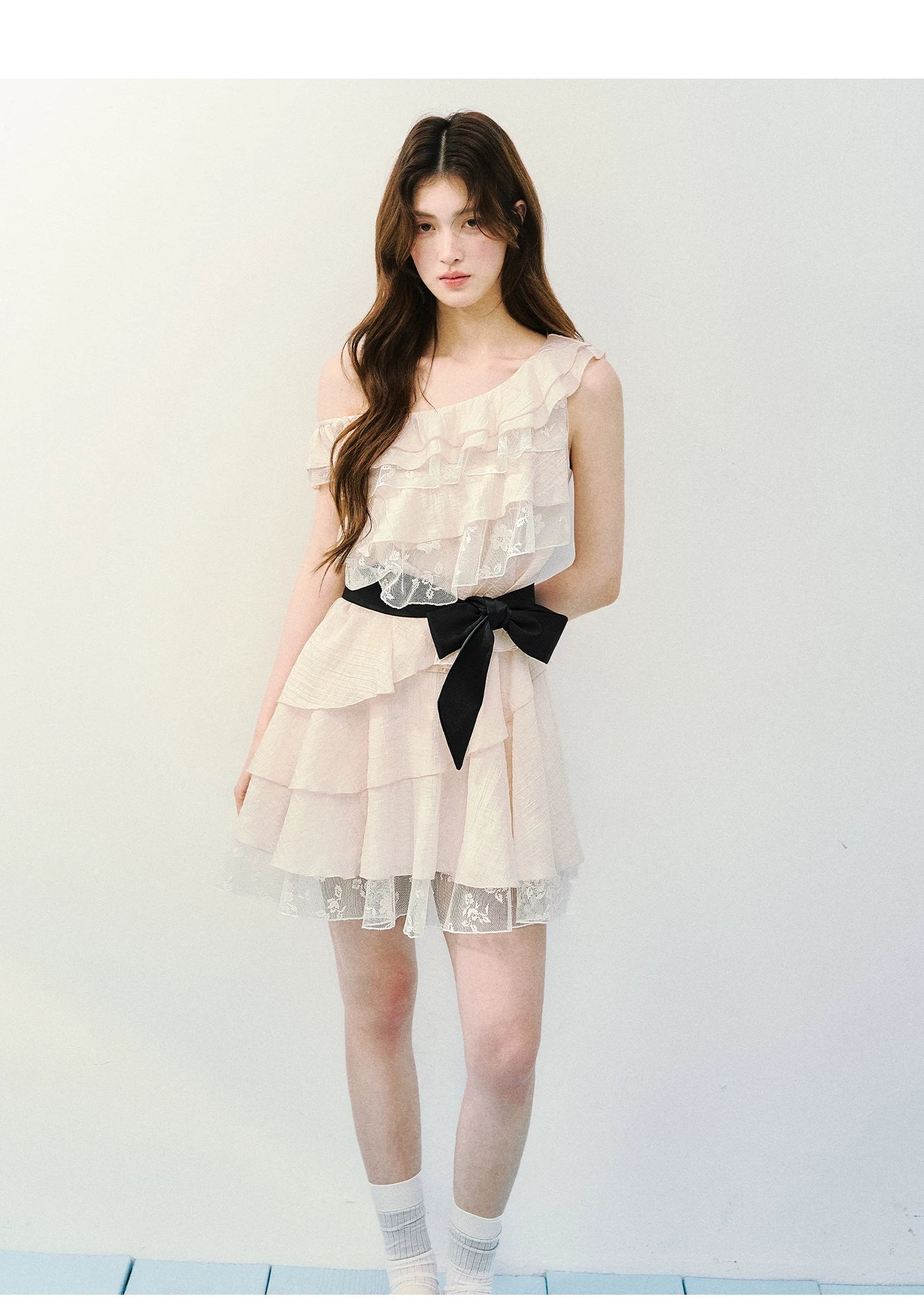 Asymmetric Lace Tiered Ruffle Dress