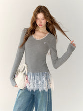 Lace-Trimmed Gray V-Neck Long Sleeve Top - CHINASQUAD