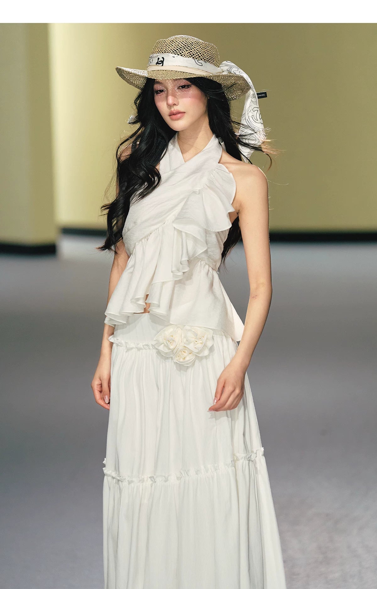 Lyocell Satin Ruffle Halter Top & Floral Maxi Skirt Set