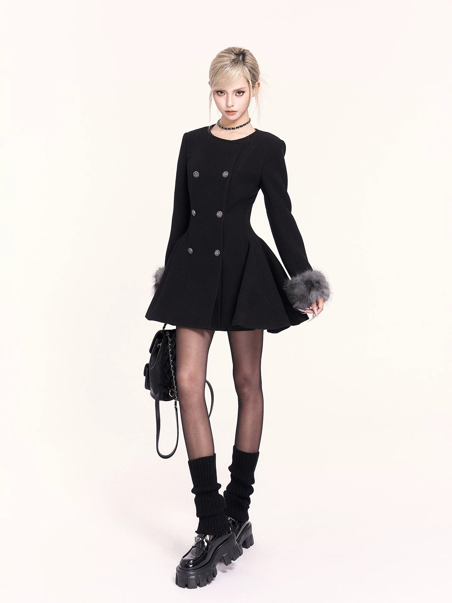 Fur-Collar Waist-Cinching Wool Coat Dress
