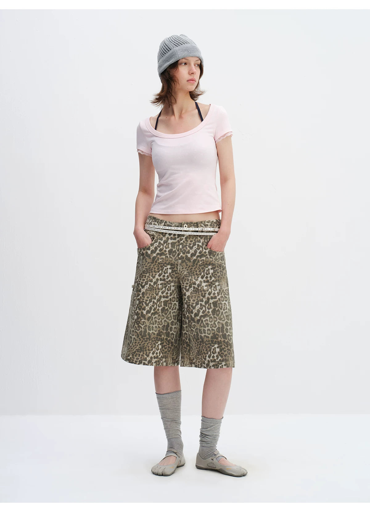 Vintage Leopard Print Relaxed Wide-Leg Bermuda Shorts