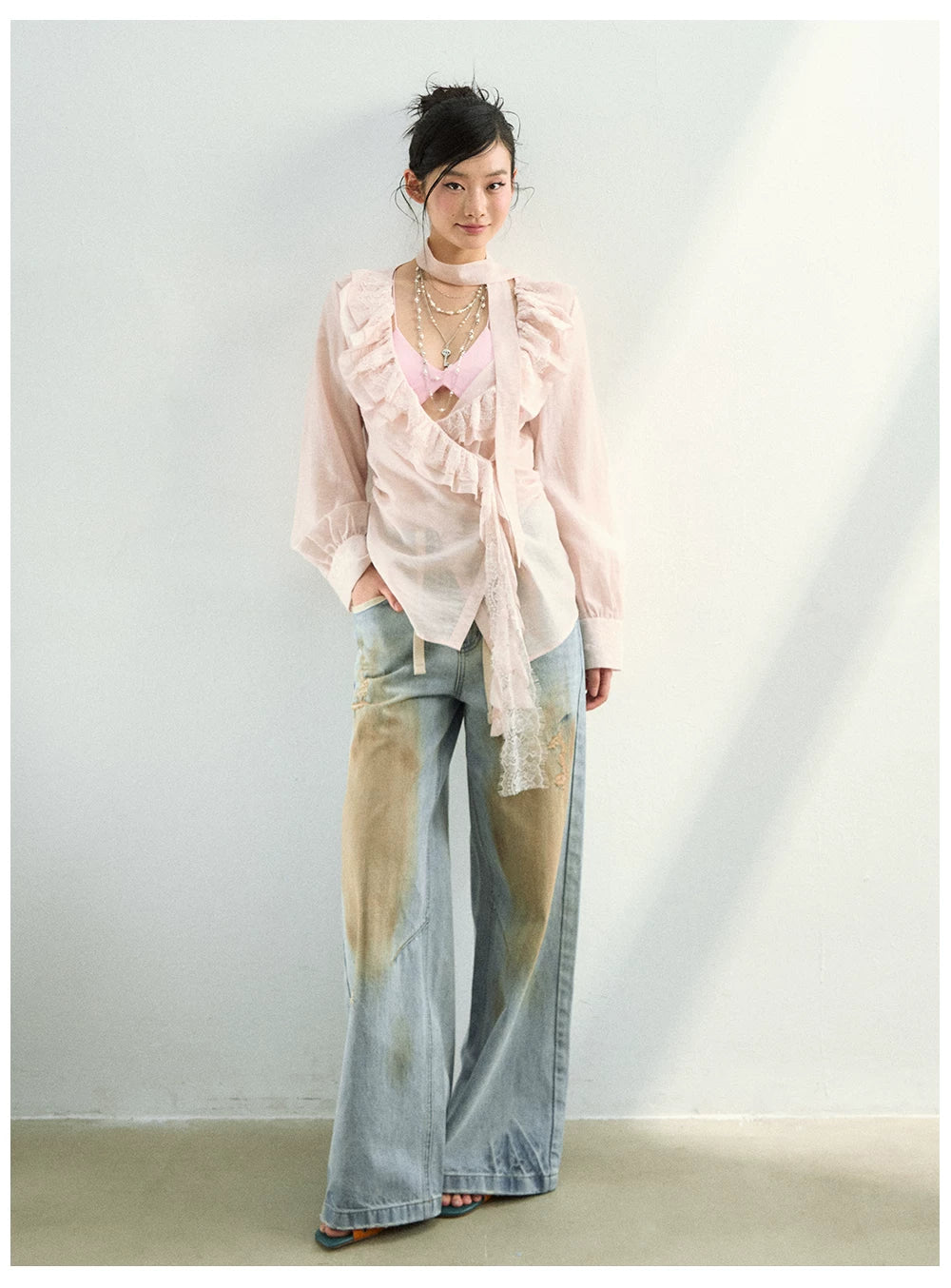 Lace Ruffle Tie Blouse