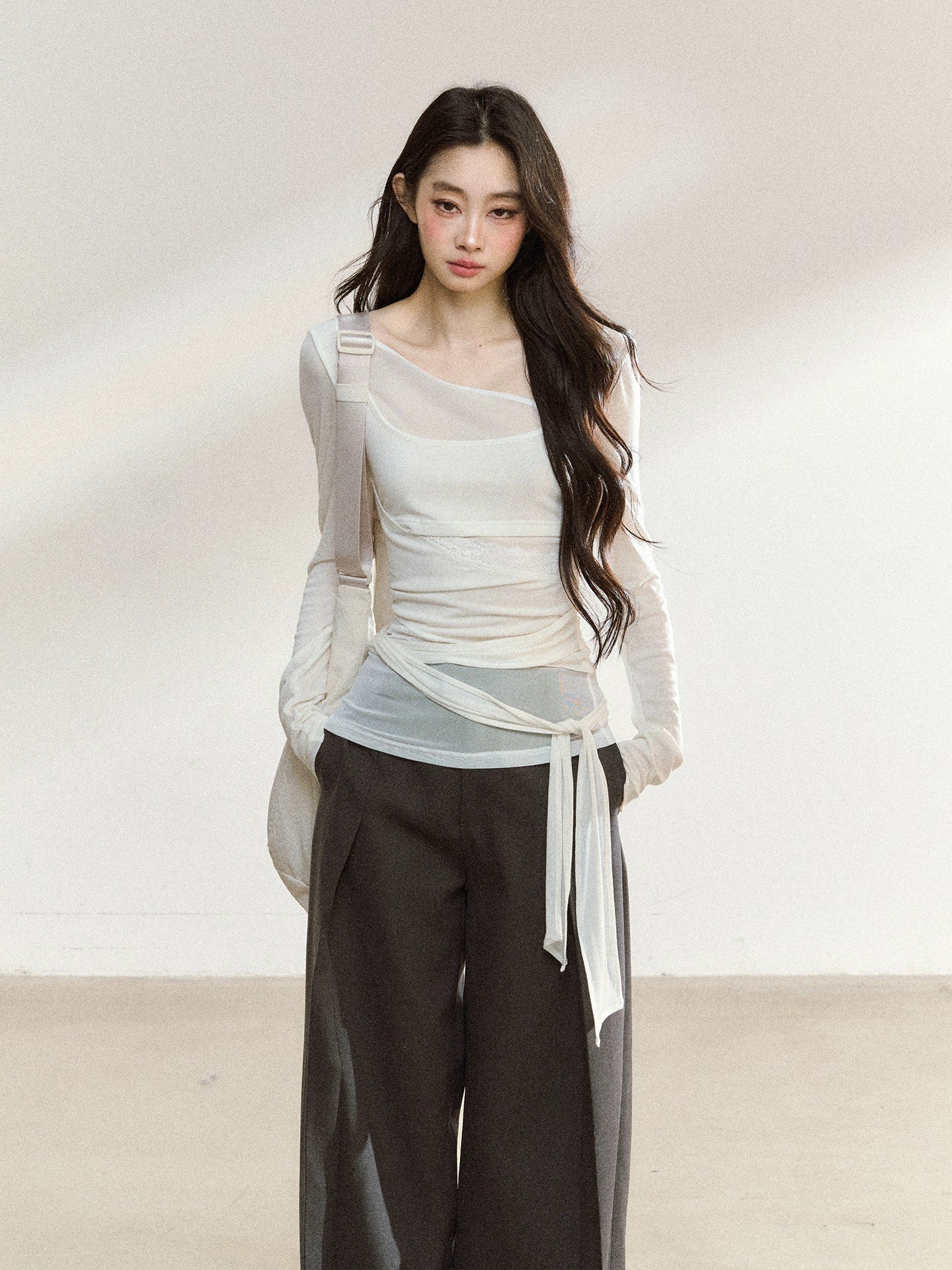 Layered Mesh-Knit Asymmetric Slim-Fit T-Shirt - CHINASQUAD