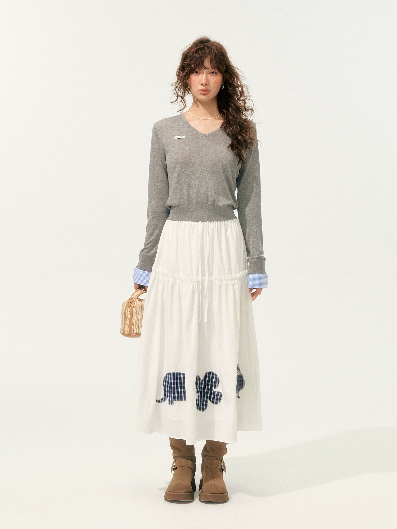 Pleated Patchwork Midi Skirt
