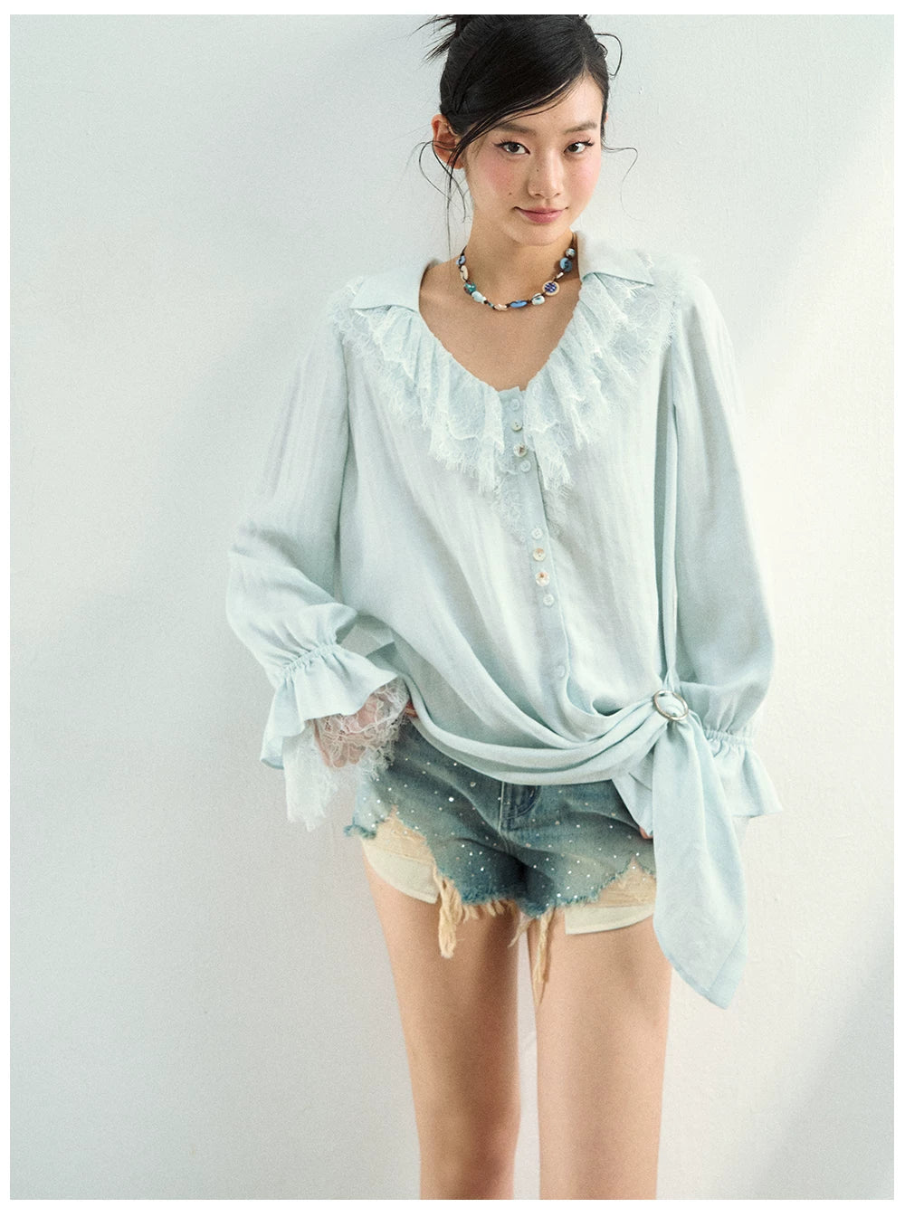 Lace Trim Relaxed Lyocell Blouse