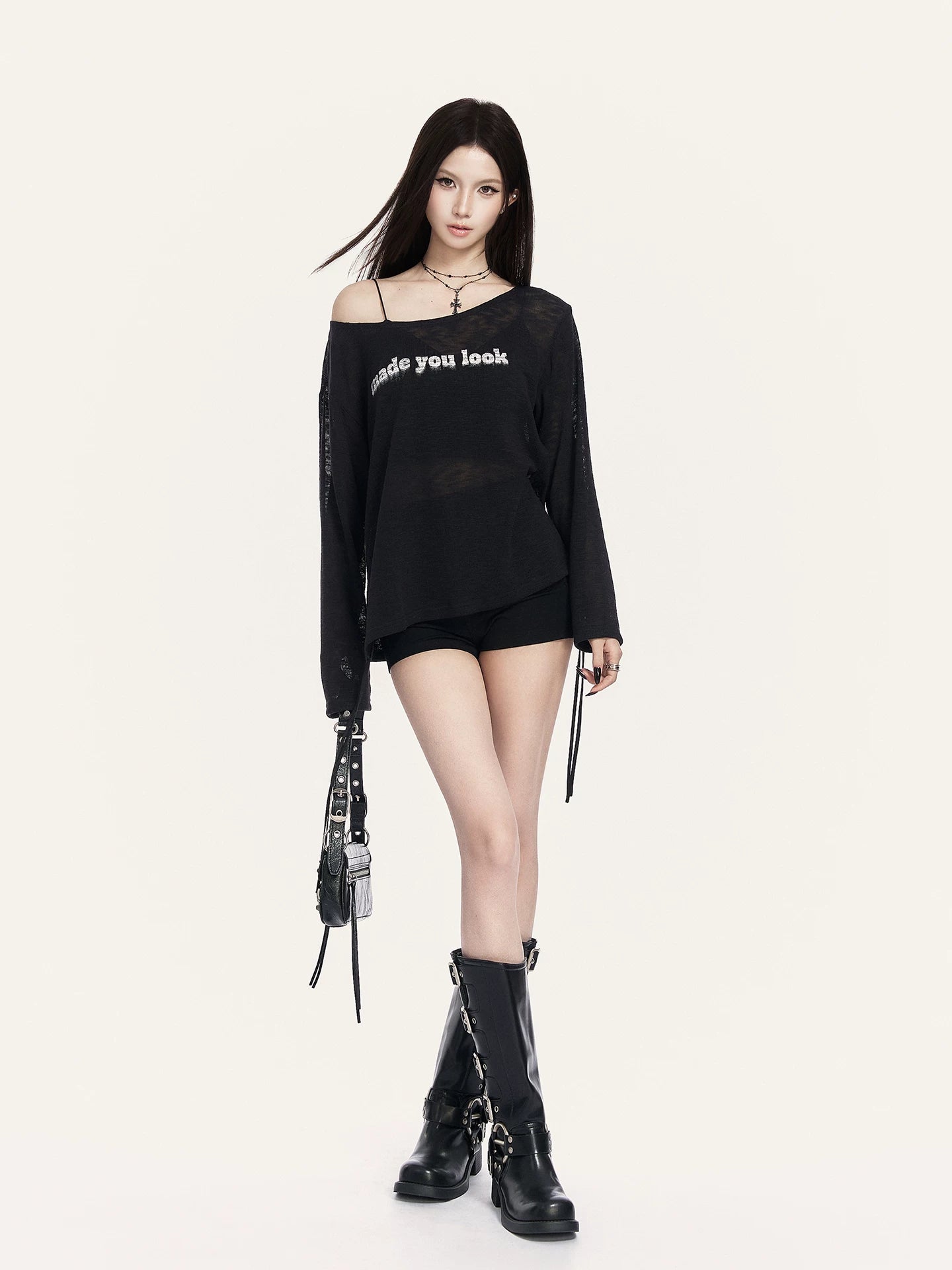 Diary Sheer Asymmetric Off-Shoulder T-Shirt