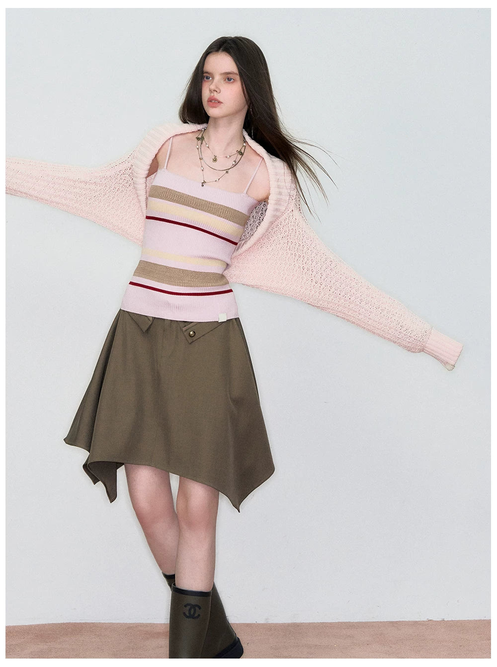 Knit Cardigan & Striped Camisole Two-Piece Set