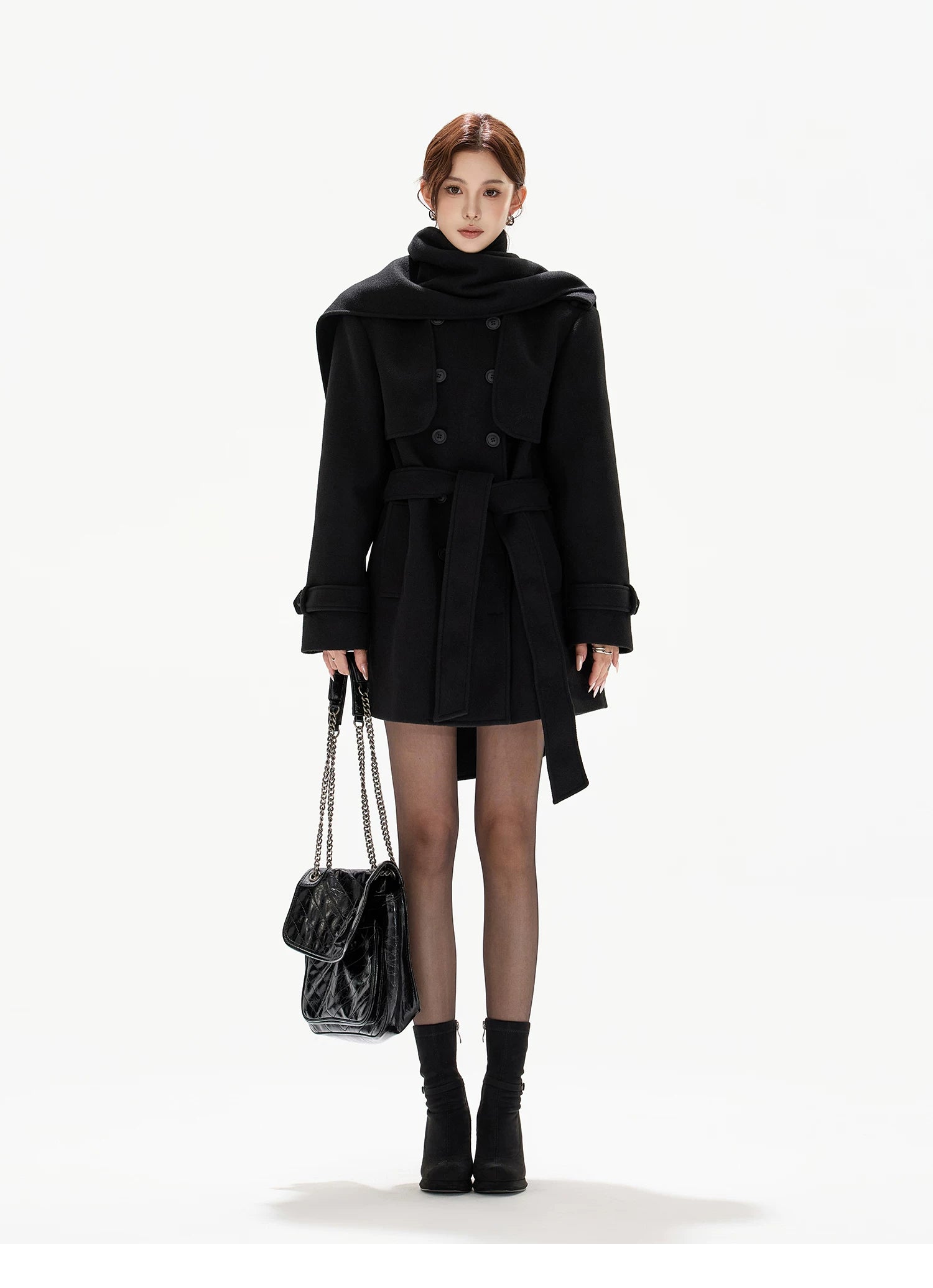 Belted Collar Mid-Length Wool-Feel Jacket