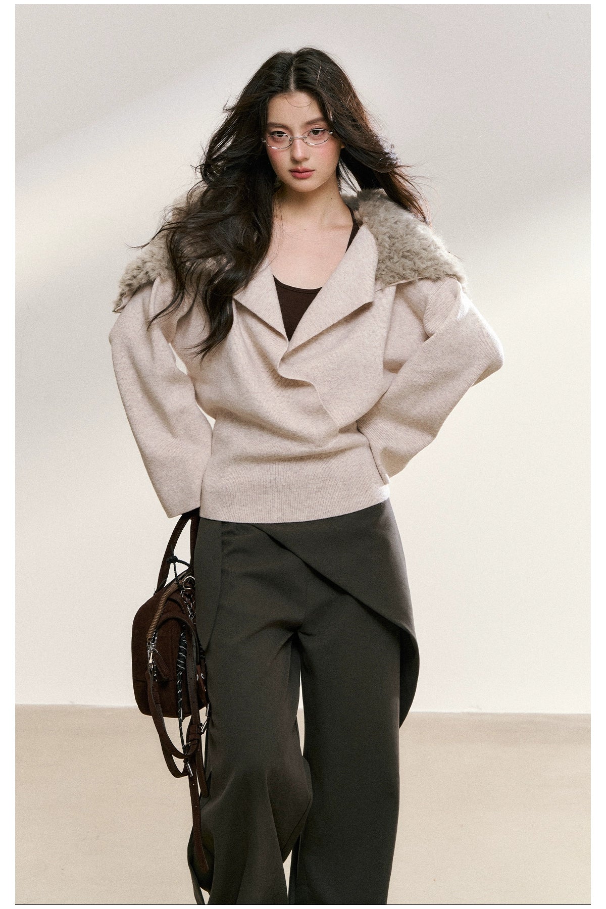 Faux Fur Collar Wrap Knit Cardigan - CHINASQUAD