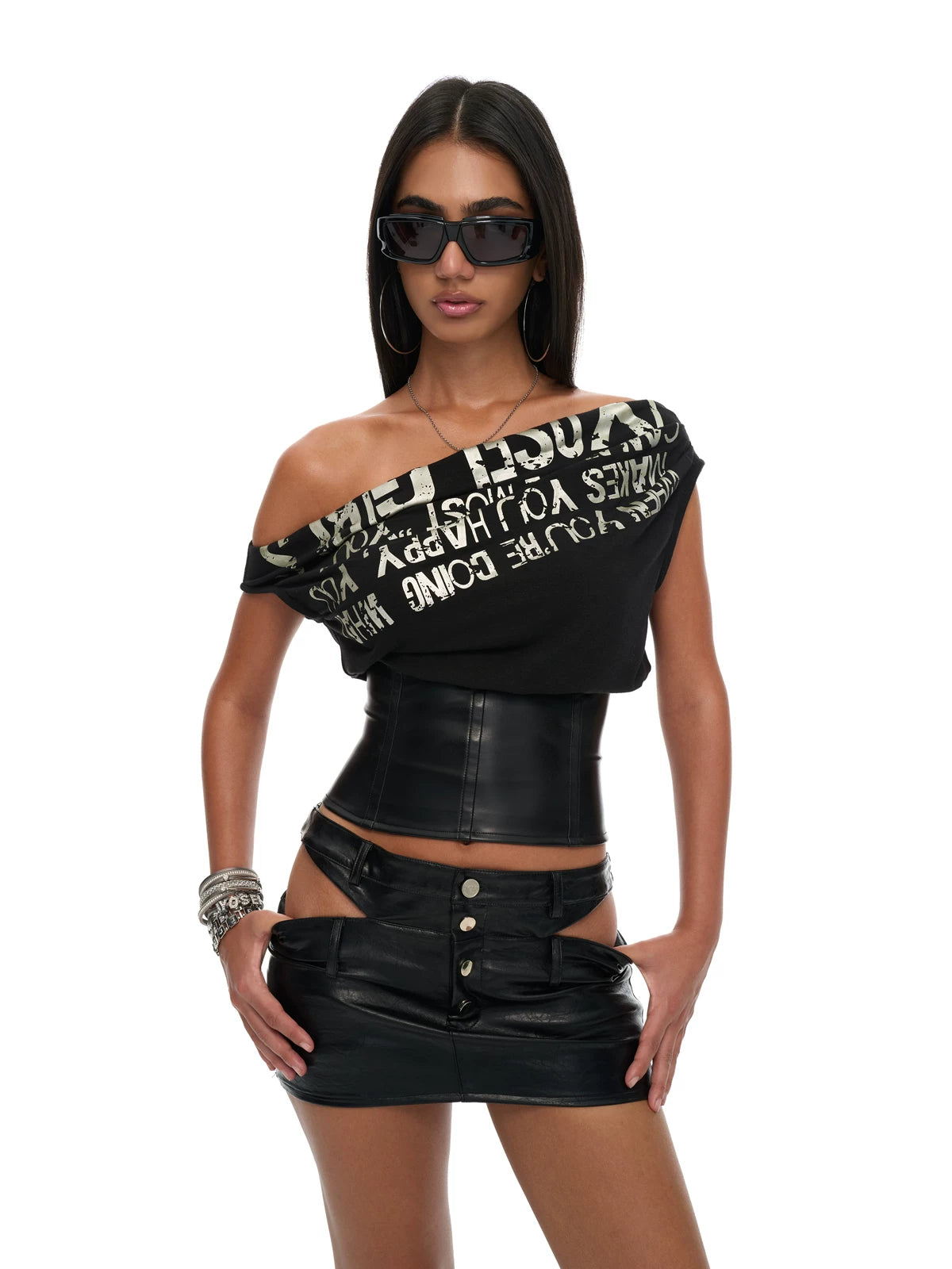 Double Waist Cut-Out PU Leather Bodycon Mini Skirt