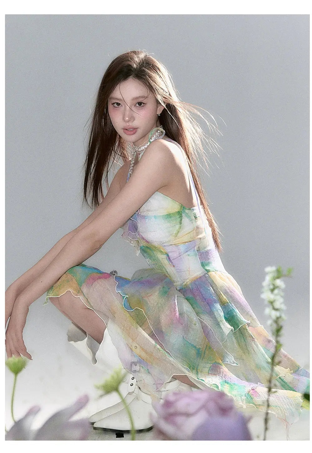 Ombre Colored Mesh Cinched Waist Suspender Maxi Dress - CHINASQUAD