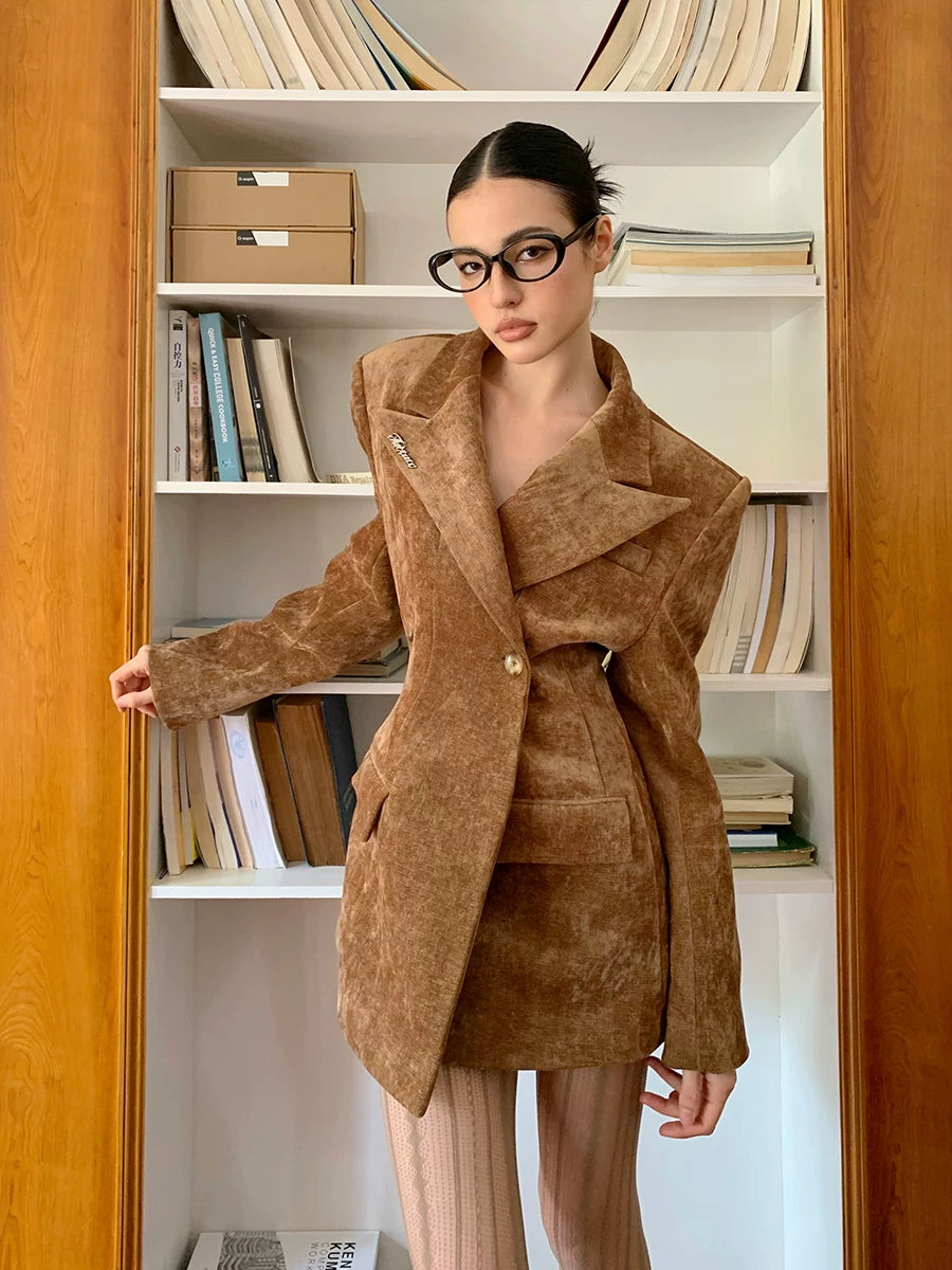 Waist-Cinched Power-Shoulder Blazer