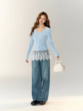 Lace-Trimmed Gray V-Neck Long Sleeve Top - CHINASQUAD