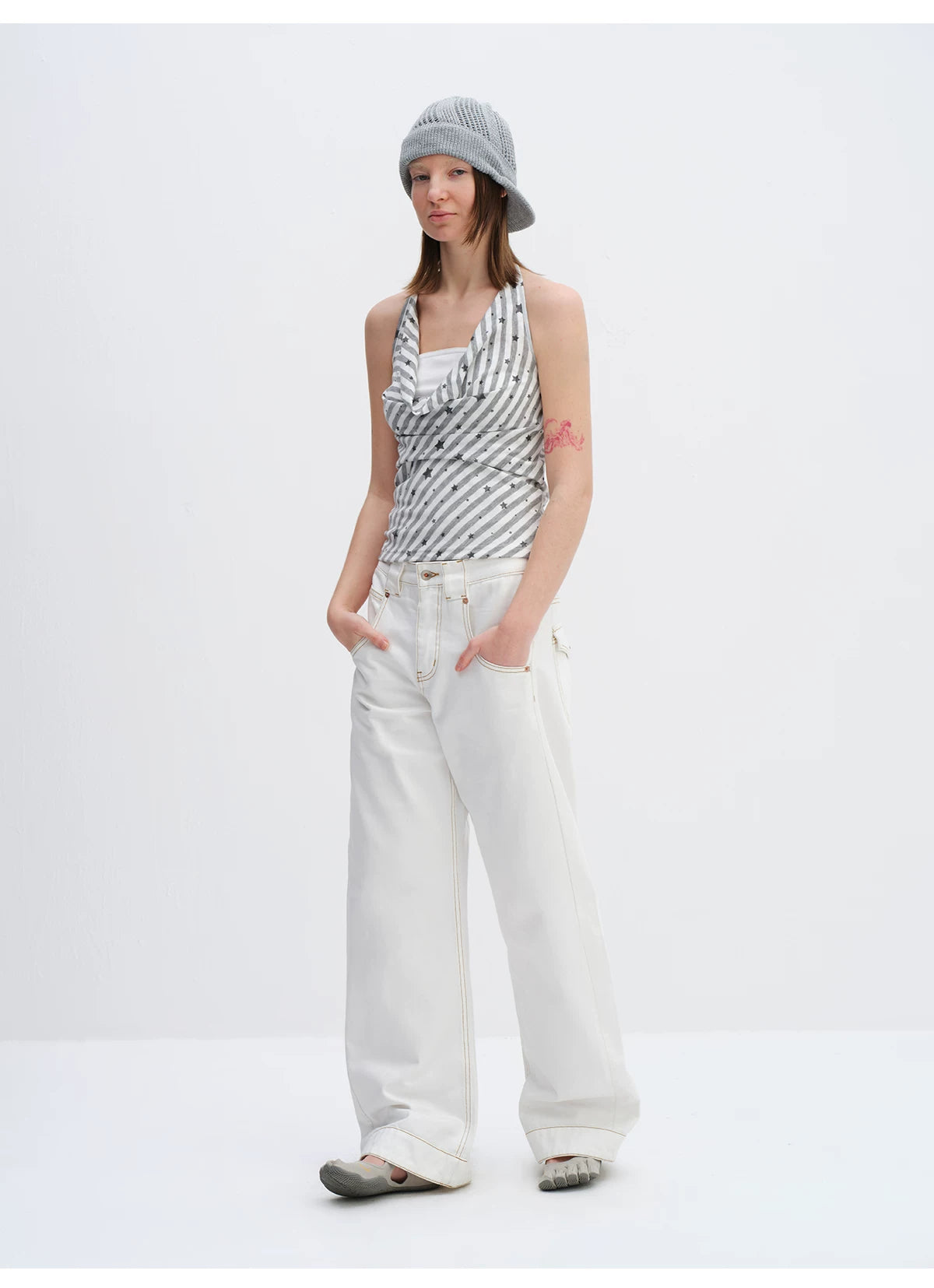 White Relaxed Fit 3D Cut Wide-Leg Denim Jeans