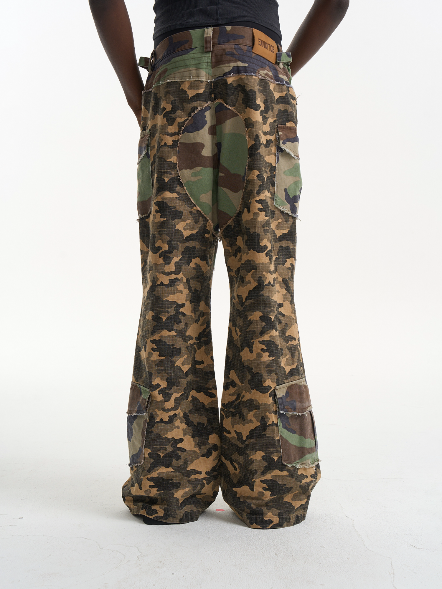 Washed Raw-Edge Patchwork Camouflage Flared Cargo Pants