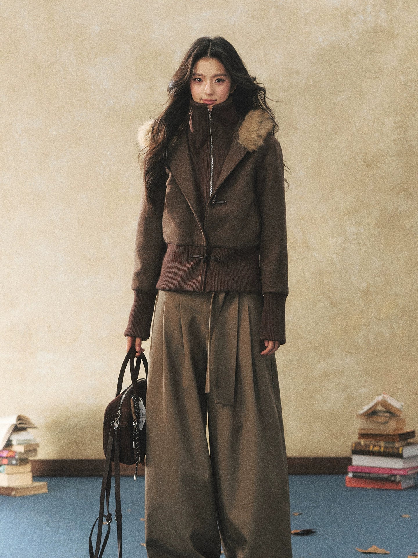 Fur Collar Faux-Layered Wool-Blend Jacket