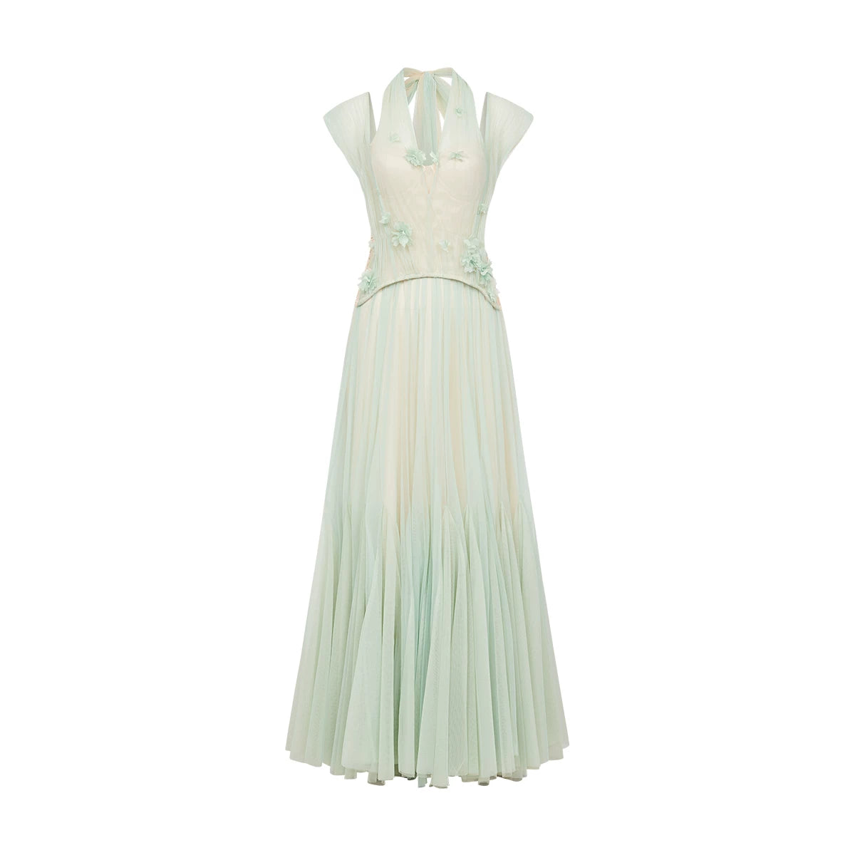 Heavy Lace Halter Corset Mesh Maxi Dress