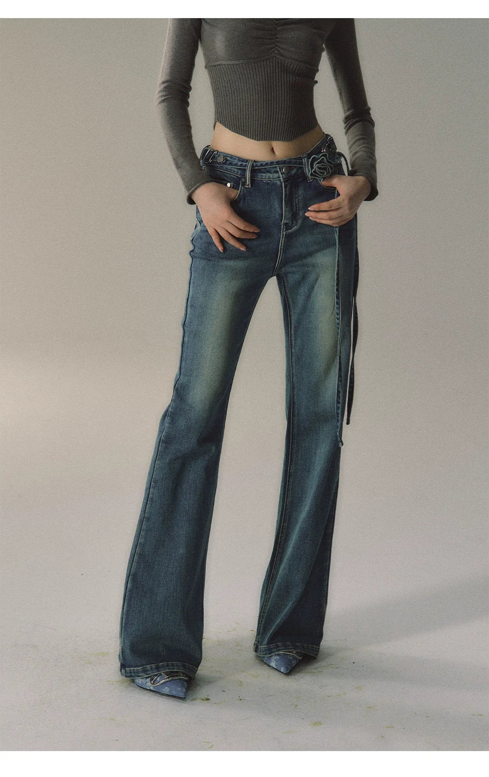 Vintage Distressed Flared Denim Jeans - CHINASQUAD