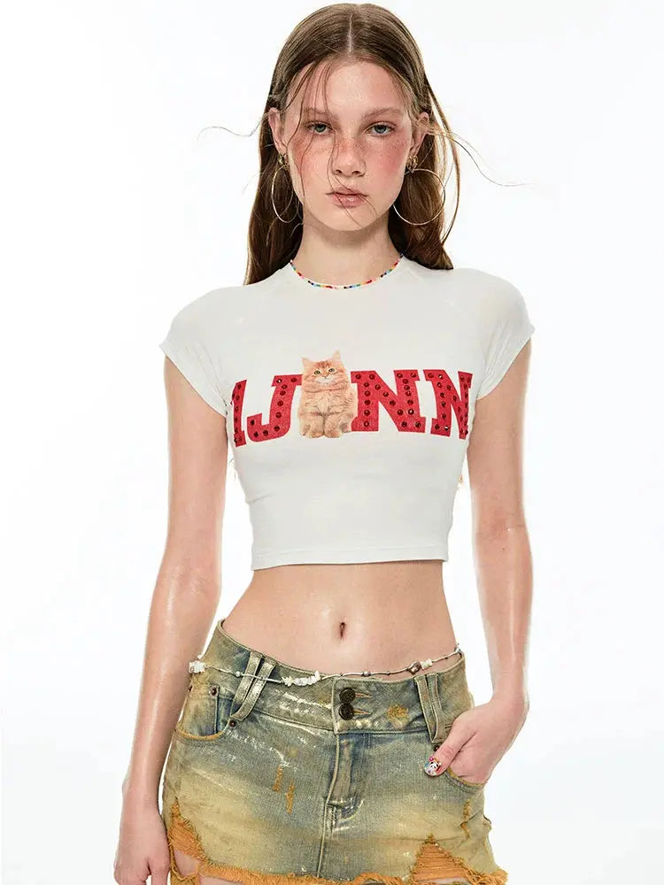 Rhinestone Embellished Fitted Fruit Printed Crop Top - CHINASQUAD
