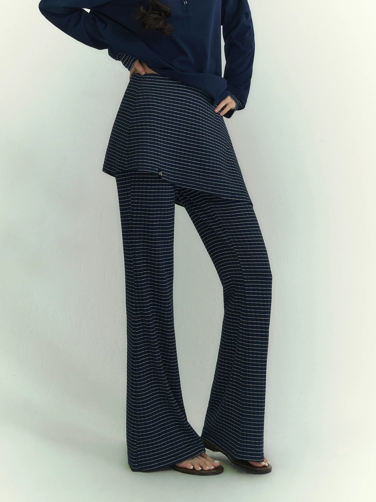 Patchwork Striped Henley Long Sleeve T-Shirt & Layered Knit Flared Skirt Pants Set