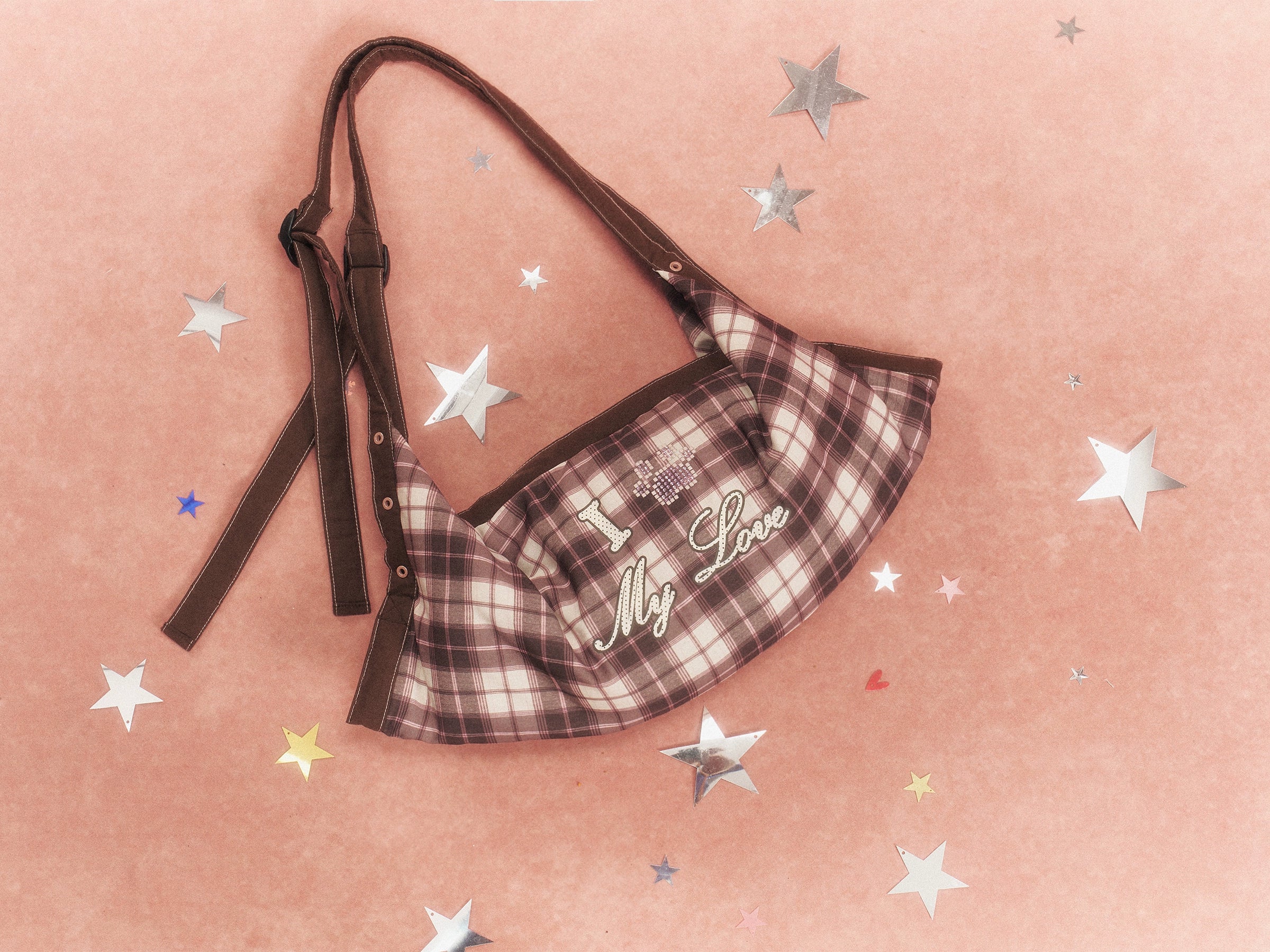 Crystal-Embellished Plaid Pillow Bag