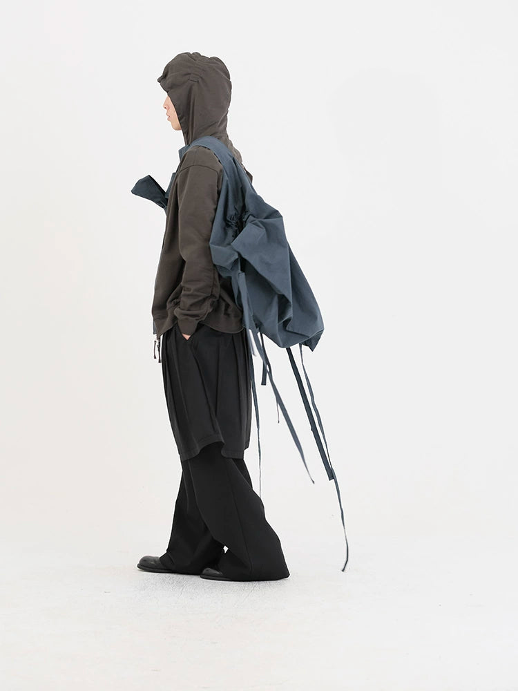 Deep brown & Gray Pleated Hooded Sweatshirt - CHINASQUAD