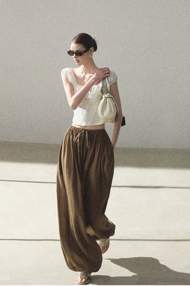 Ruched Waist Puff Sleeve Cropped T-shirt