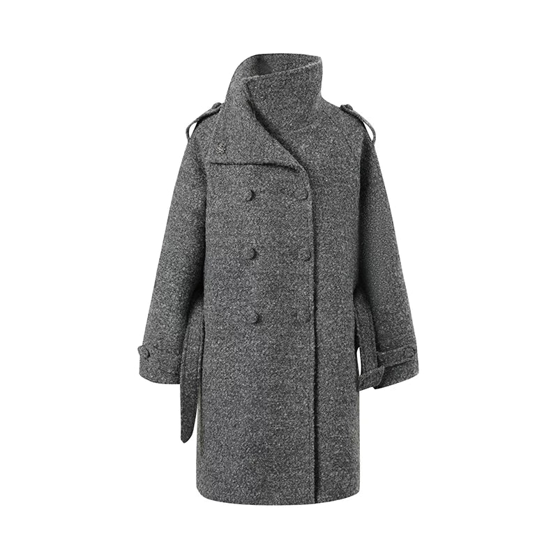 Stand-Collar Bouclé Wool Long Coat