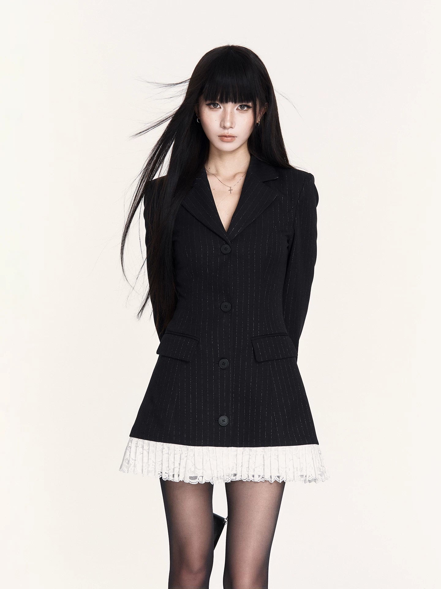 Striped Lace Faux-Layered Blazer Dress